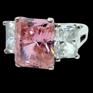 14 WHITE GOLD PRINCESS CUT PINK & WHITE SAPPHIRE LADIES' RING VINTAGE ART DECO